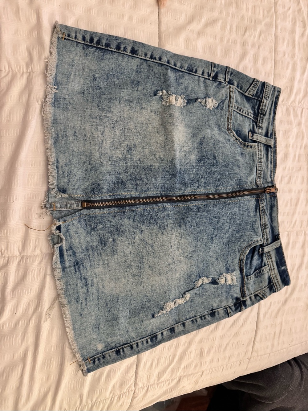 Denim Mini Skirt with Front Zipper - Light Blue